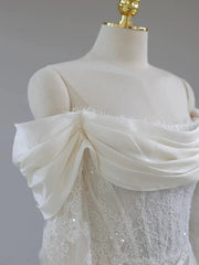 Ivory Satin and Lace Off Shoulder Long Sleeves Wedding Party Dress, Ivory Satin Formal Dress