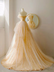 A-line Tulle Champagne Sweetheart Long Evening Dress, Champagne Ball Gown Prom Dress