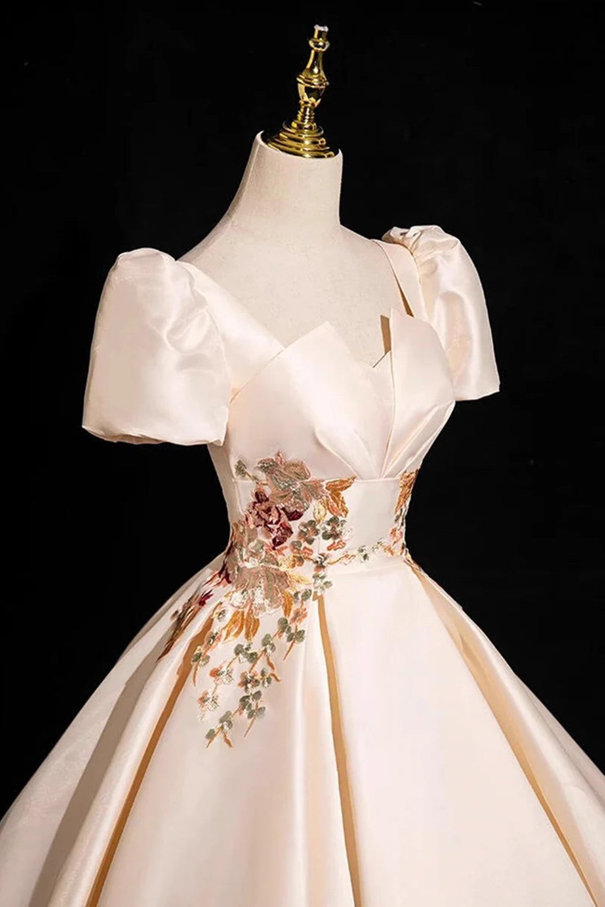 Champagne Satin Short Sleeves A-line Party Dress, Champagne Satin Long Evening Dress