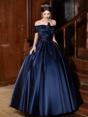 A-line Blue Satin Off Shoulder Long Prom Dress, Blue Satin Evening Dress Formal Dress
