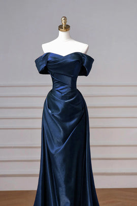 Navy Blue A-line Off Shoulder Satin Prom Dress, Navy Blue Satin Evening Dress Party Dress