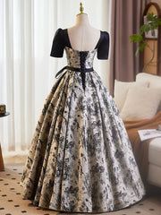 A-line Black Floral Satin Short Sleeves Beaded Prom Dress, Black Satin Evening Dress Party Dress