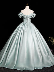 Light Green Beaded Off Shoulder Satin Formal Dress, Light Green Satin Long Evening Dress
