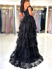 A-line Black Tulle with Lace Applique Party Dress, Black Tulle Sweetheart Long Prom Dress