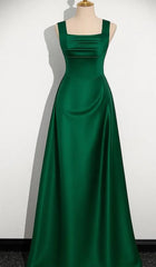 Green Simple Satin A-line Strapls Low Back Prom Dress, Green Satin Evening Dress