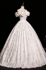 A-line Floral Satin Floor Length Off Shoulder Formal Dress Party Dress, Satin Evening Dress Prom Dress