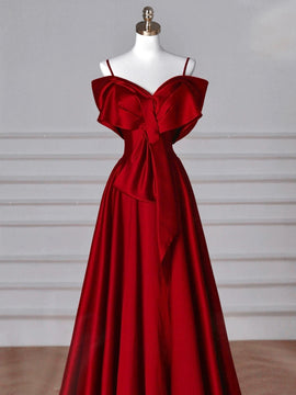 Wine Red V-neckline Straps A-line Party Dress, Wine Red Satin Long Prom Dress Evening Dress