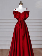 Wine Red V-neckline Straps A-line Party Dress, Wine Red Satin Long Prom Dress Evening Dress