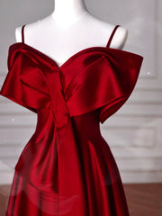 Wine Red V-neckline Straps A-line Party Dress, Wine Red Satin Long Prom Dress Evening Dress