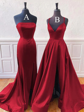 Wine Red Satin Simple Style A-line Lace-up Formal Dress, Wine Red Satin Long Evening Dress