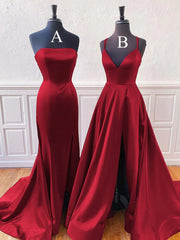 Wine Red Satin Simple Style A-line Lace-up Formal Dress, Wine Red Satin Long Evening Dress
