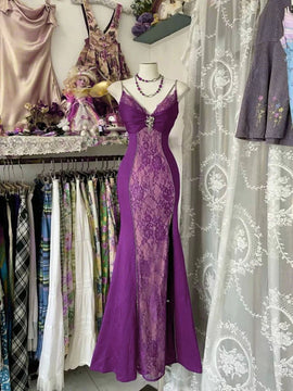 Purple Mermaid Lace Straps Long Party Dress, Purple A-line  Prom Dress Evening Dress