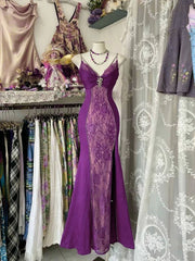 Purple Mermaid Lace Straps Long Party Dress, Purple A-line  Prom Dress Evening Dress
