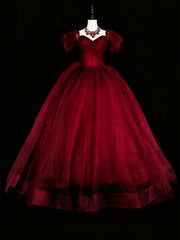 Wine Red Beaded Sweetheart Short Sleeves Formal Dress, Wine Red Tulle Floor Length Prom Dress