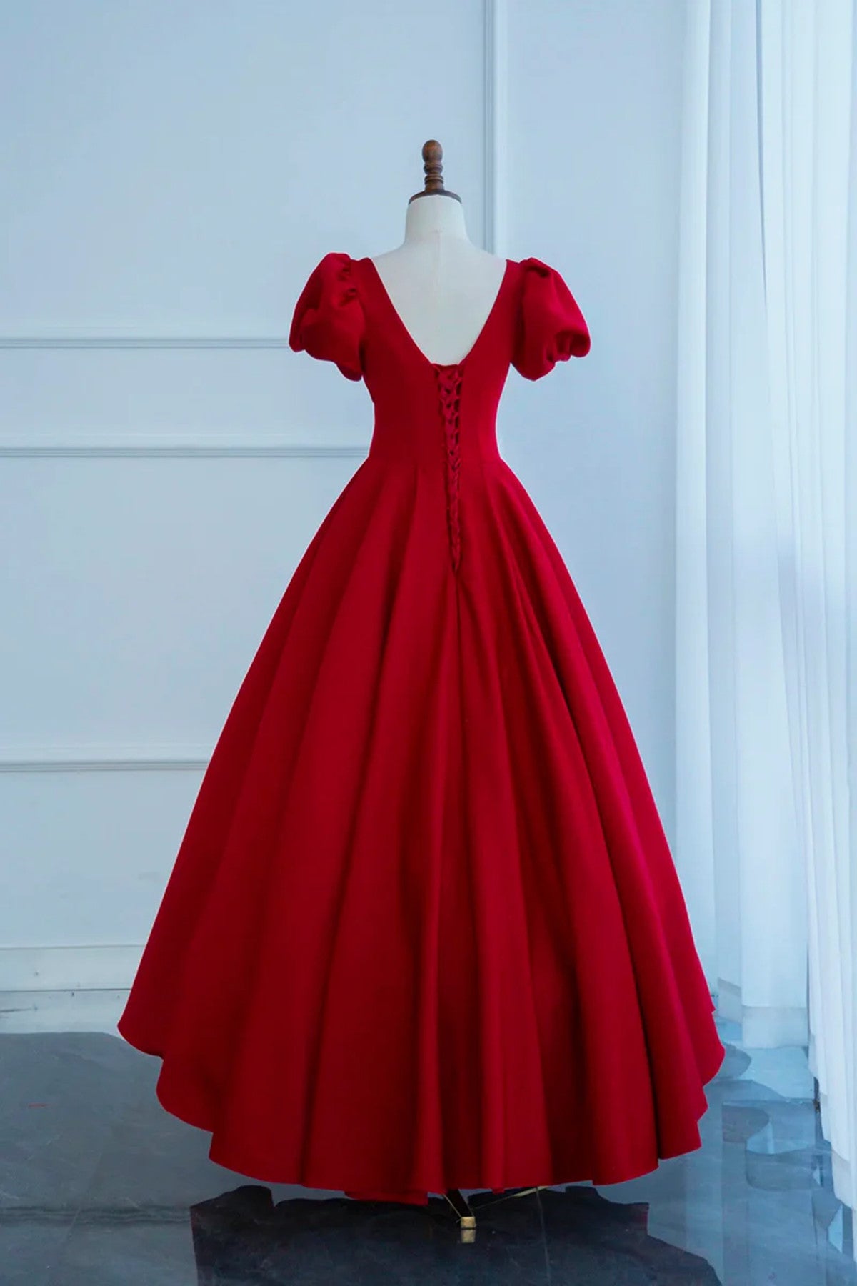 Red Sweetheart Off Shoulder Short Sleeves Floor Length Party Dress, A-line Red Prom Dress