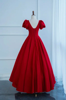 Red Sweetheart Off Shoulder Short Sleeves Floor Length Party Dress, A-line Red Prom Dress