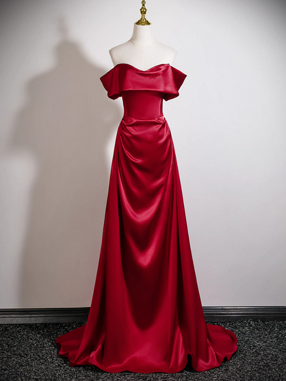 Wine Red Off Shoulder Soft Satin Floor Length Formal Dress, Wine Red Satin Long Prom Dress