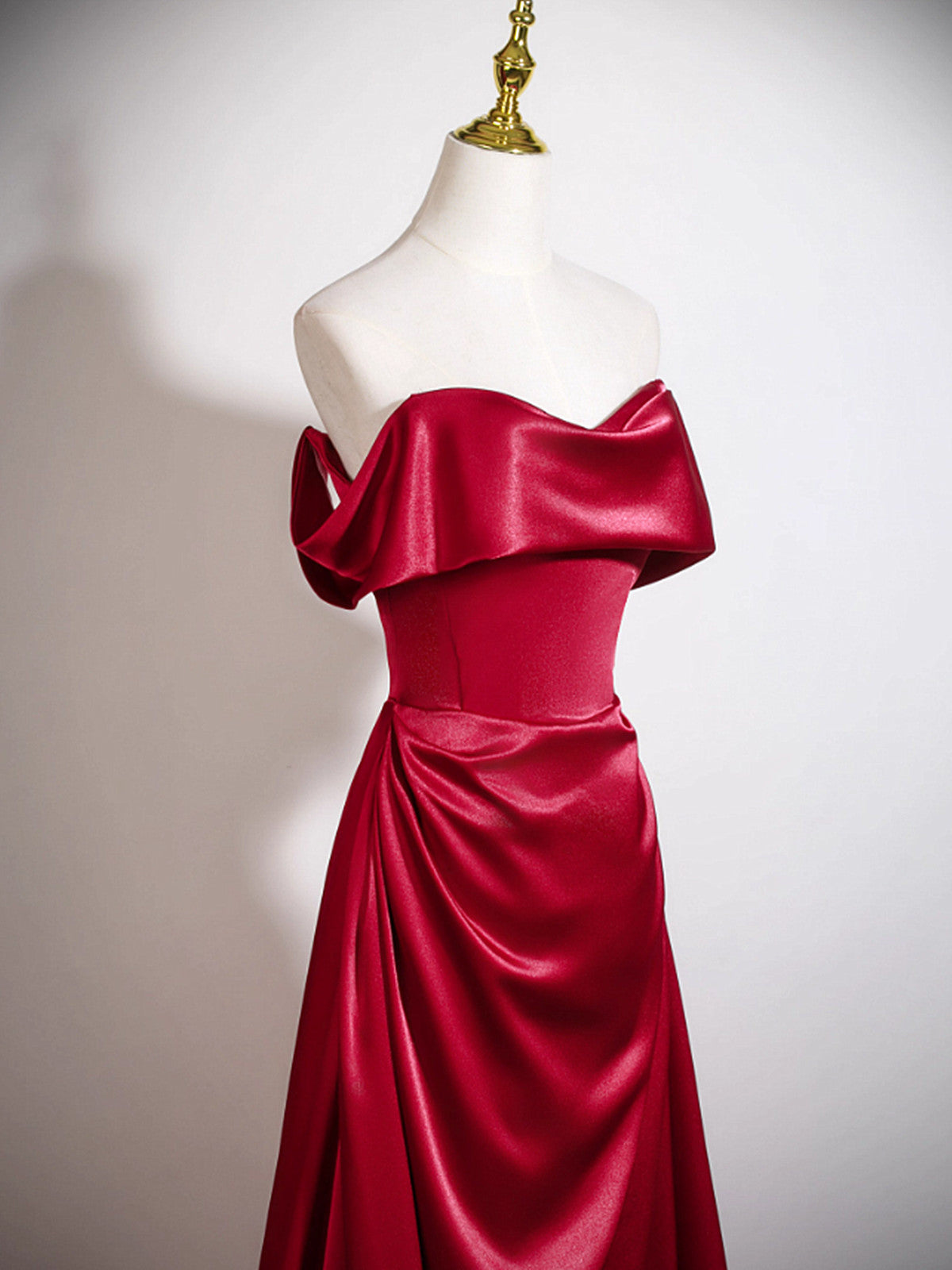 Wine Red Off Shoulder Soft Satin Floor Length Formal Dress, Wine Red Satin Long Prom Dress