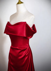 Wine Red Off Shoulder Soft Satin Floor Length Formal Dress, Wine Red Satin Long Prom Dress