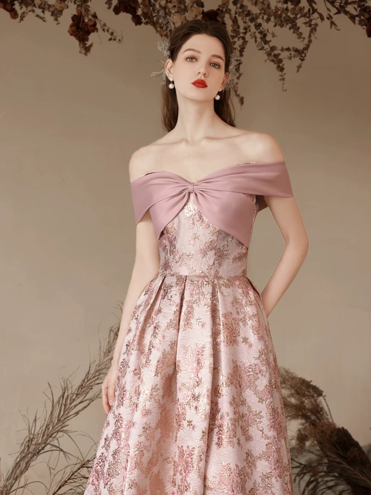A-Line Pink Floral Satin Off Shoulder Long Prom Dress, Pink Satin Floor Length Evening Dress