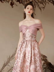 A-Line Pink Floral Satin Off Shoulder Long Prom Dress, Pink Satin Floor Length Evening Dress