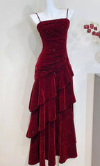Wine Red Velvet Straps Layers Long Formal Dress, Wine Red Velvet Floor Length Prom Dress