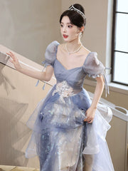A-line Blue Tulle with Lace Applique Prom Dress, Blue Tulle Short Sleeves Long Formal Dress