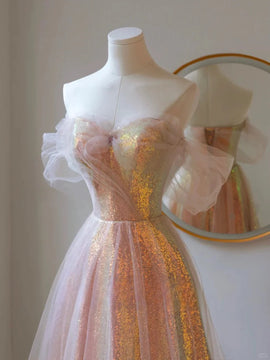 A-line Sequins and Tulle Off Shoulder Sweetheart Prom Dress, Long Sequins Evening Dress