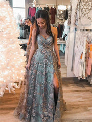 A-line Stylish Lace Straps Long Prom Dresses, V-neckline Long Part Dress Evening Dress