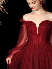 Wine Red Tulle Beaded Off Shoulder Long Formal Dress, Wine Red A-line Prom Dress