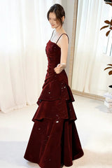 Wine Red Velvet Straps Layers Long Evening Dress, Wine Red Velvet Prom Dress