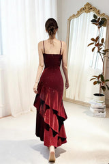 Wine Red Velvet Straps Layers Long Evening Dress, Wine Red Velvet Prom Dress