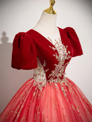 Red Tulle and Velvet Floor Length Short Sleeves Prom Dress, Red Tulle Long V-neckline Party Dress