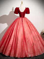 Red Tulle and Velvet Floor Length Short Sleeves Prom Dress, Red Tulle Long V-neckline Party Dress