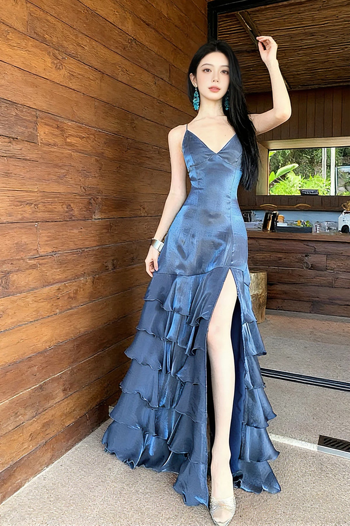 A-line V-neckline Layers Satin Long Party Dress with Leg Slit, Straps Long Prom Dress