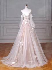 A-Line Long Sleeves Tulle with Lace Applique Sweetheart Formal Dress, Tulle Long Prom Dress