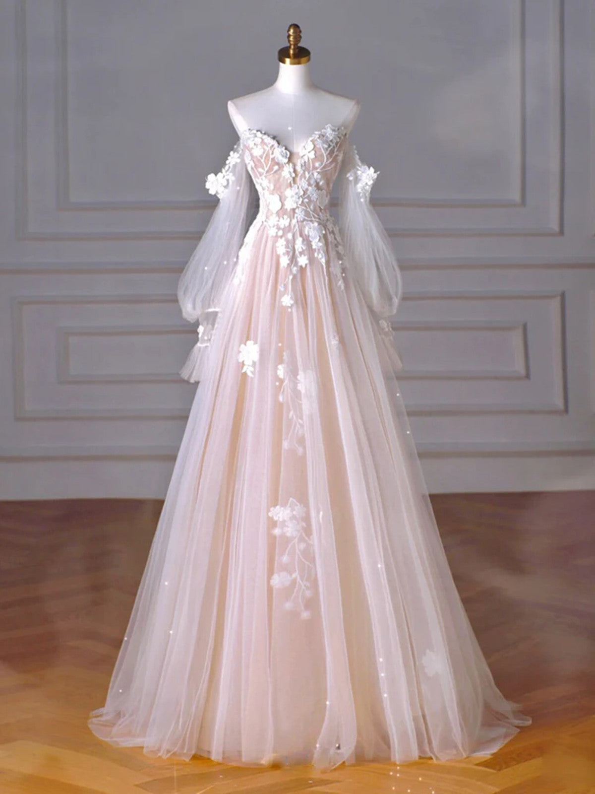 A-Line Long Sleeves Tulle with Lace Applique Sweetheart Formal Dress, Tulle Long Prom Dress
