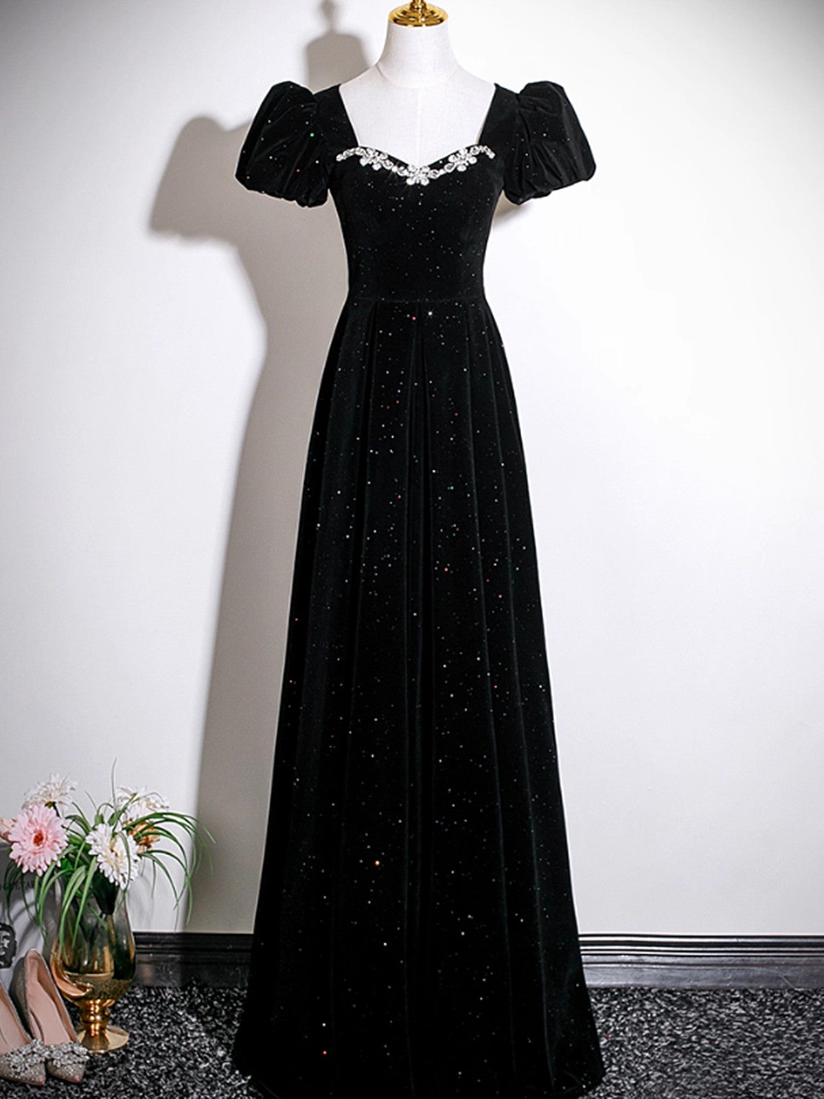 A-line Black Beaded Short Sleeves Velvet Prom Dress, Black Velvet Formal Dress Evening Dress