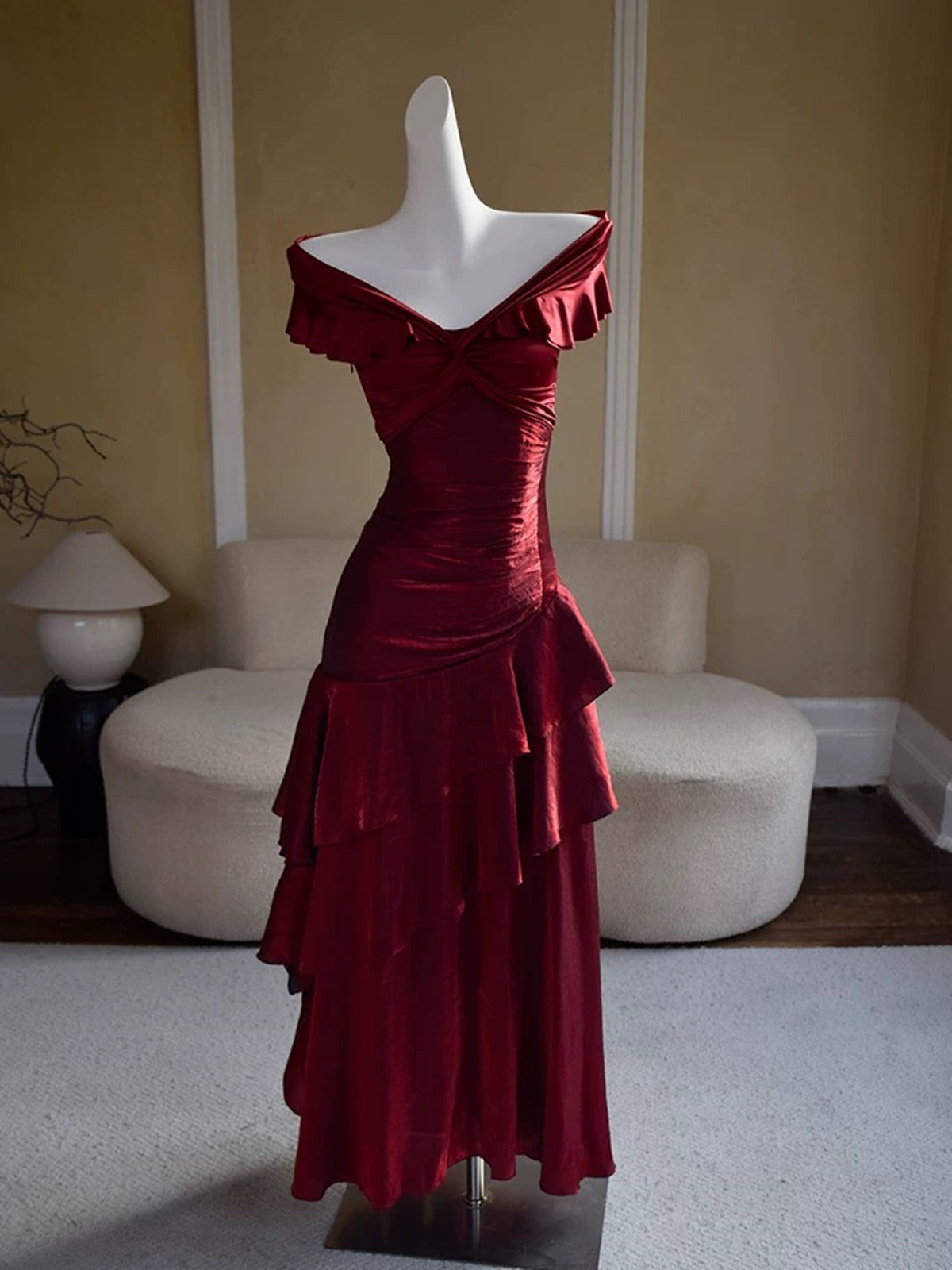 Chic Wine Red Off Shoulder Satin Layers Long Prom Dress, Wine Red V-neckline Evening Dress