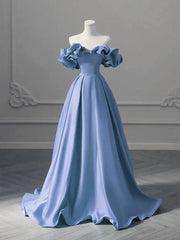 A-line Blue Satin Off Shoulder Long Formal Dress, Blue Satin Evening Dress Prom Dress