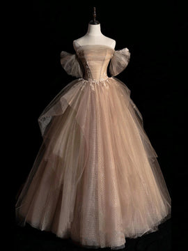 A-line Tulle with Lace Applique Champagne Prom Dress, Champagne Long Party Dress