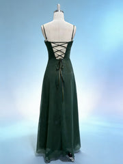 Green A-line Tulle Beaded Long Formal Dress, Green Straps Prom Dress Party Dress