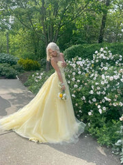Yellow Strapless Lace Applique Tulle Prom Dress, A-Line Evening Gown with Floral Lace