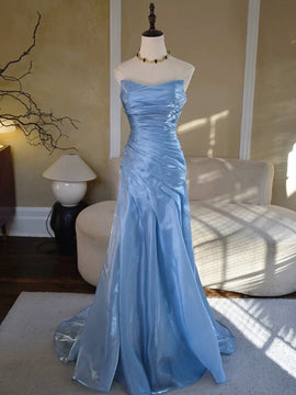 Vintage-Inspired Blue Strapless Prom Dress, Ruched Pleated Mermaid Evening Dress