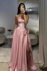 Blush Pink Satin Long Party Dress with Beaded, A-line Wedding Party Dress with Leg Slit