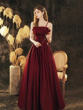 Wine Red Satin Beaded Straps Prom Dress Evening Dress, Wine Red A-line Formal Dress