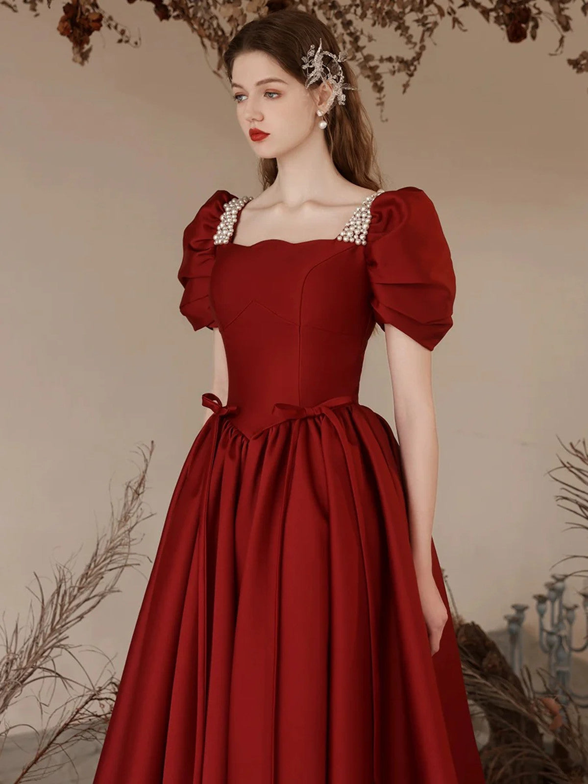 Wine Red Short Sleeves Pearls Long Prom Dress, Wine Red A-line Party Dress