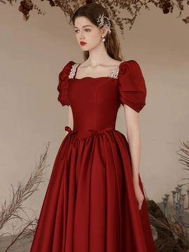 Wine Red Short Sleeves Pearls Long Prom Dress, Wine Red A-line Party Dress