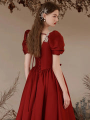 Wine Red Short Sleeves Pearls Long Prom Dress, Wine Red A-line Party Dress