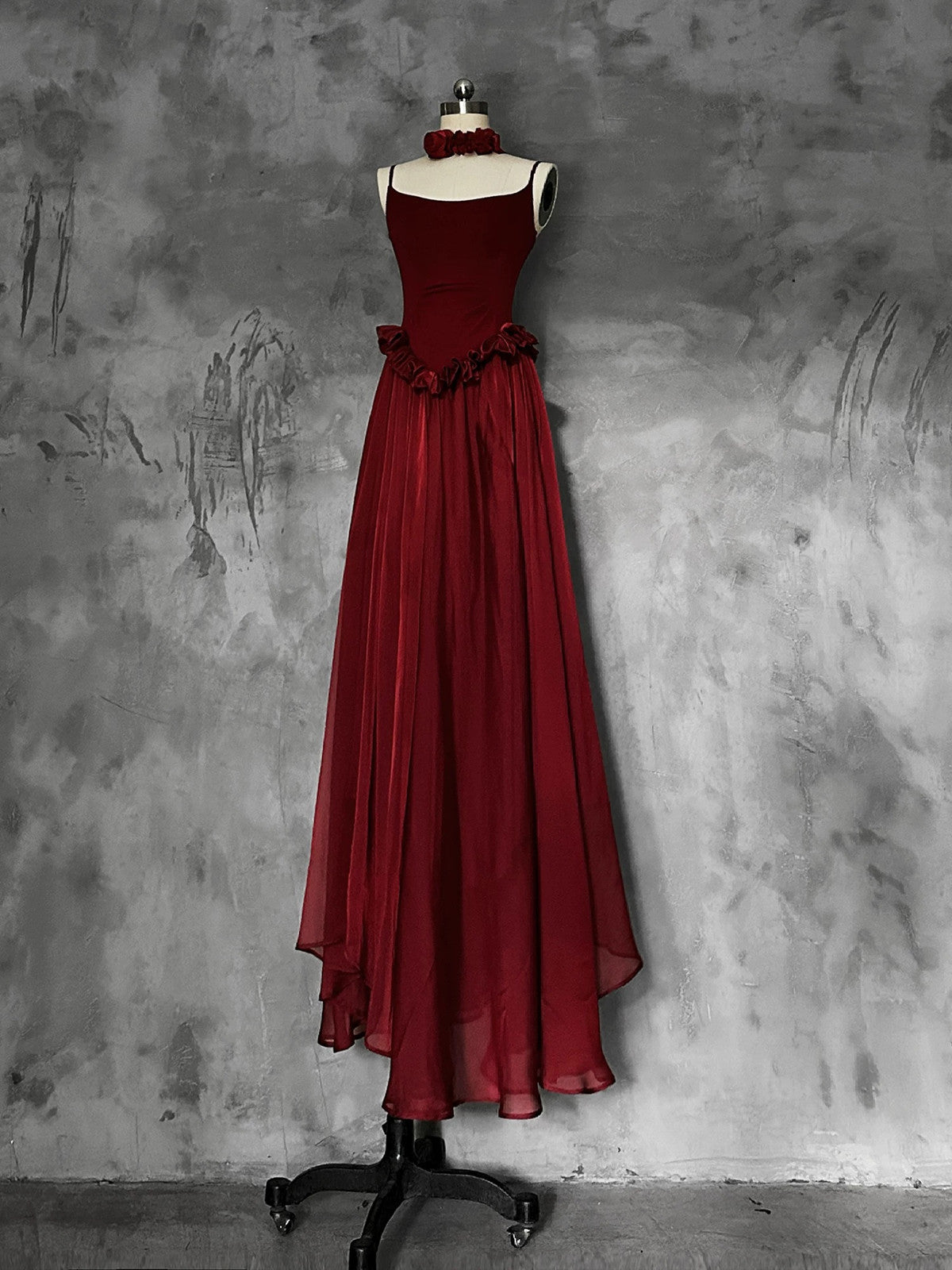 Dark Red Straps Long Party Dress Maxi Dress, Chiffon Flowy Long Party Dress